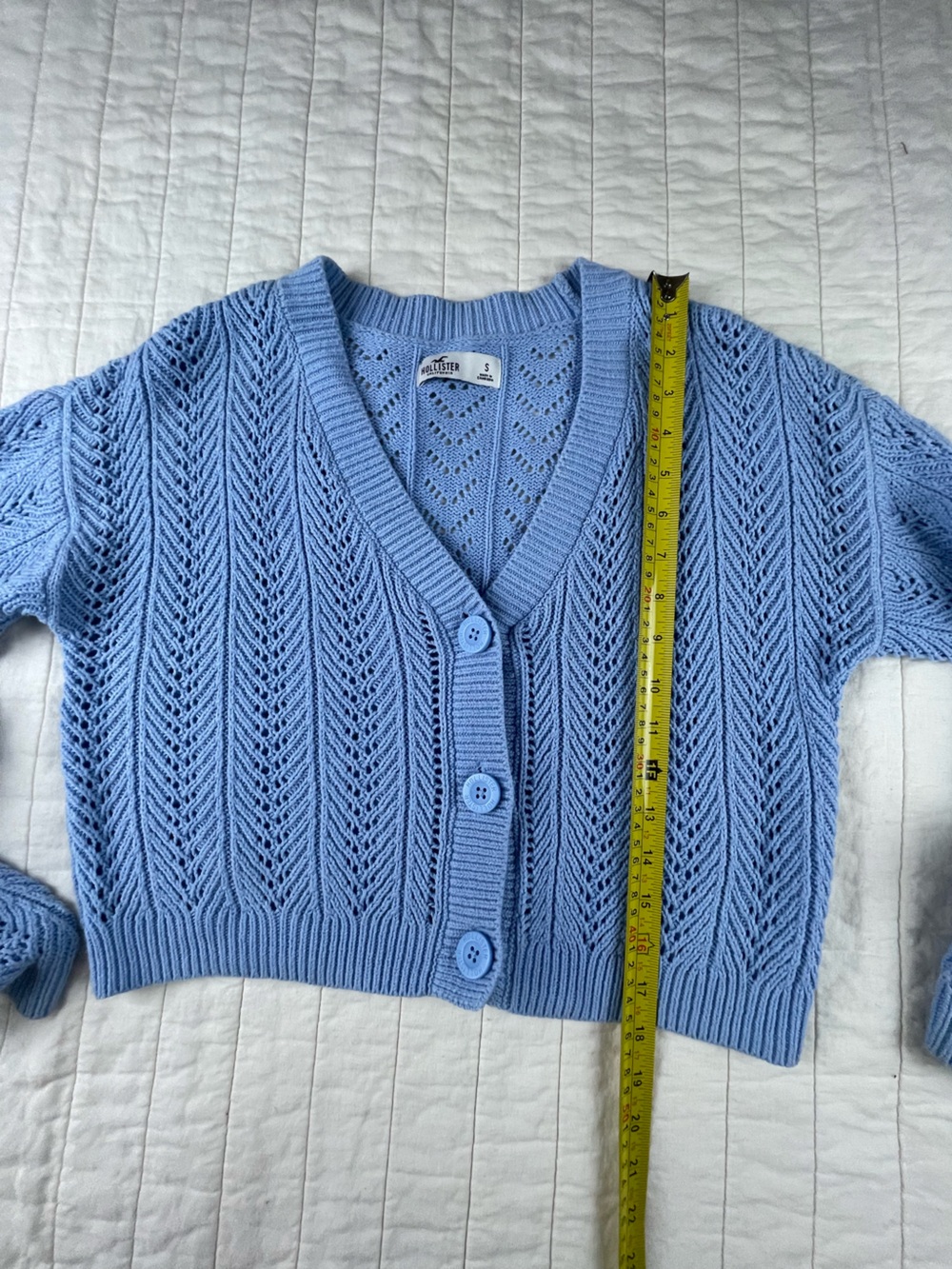 Hollister Light Blue Open-Knit Button cropped Cardigan small - Picture 4 of 6